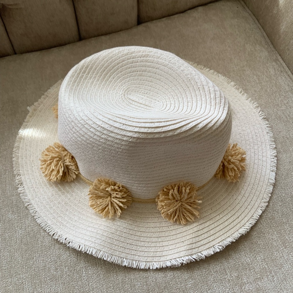 Ava & Aiden Cream Straw Sun Hat with Tan Pom-Pom Trim